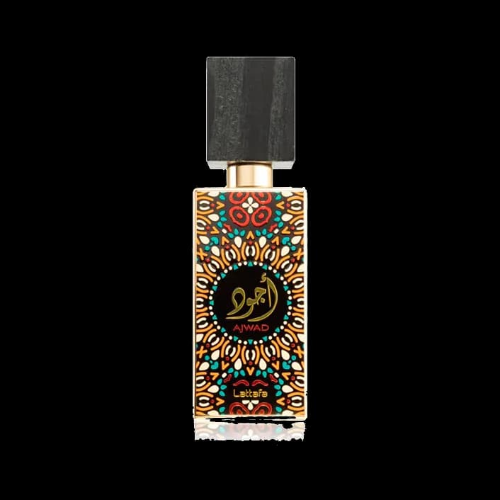 Frasco rectangular cubierto por un mosaico geométrico en turquesa, coral y dorado, con tapón negro texturado y cuello dorado, sobre fondo blanco.