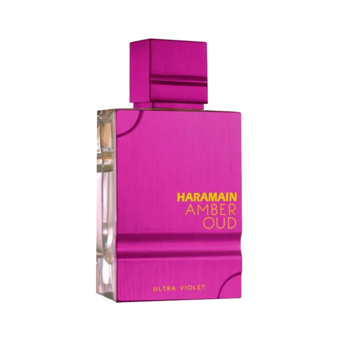 Frasco rectangular de vidrio fucsia metalizado con una franja transparente en el canto y tapón cúbico a juego, en tres cuartos sobre fondo blanco.