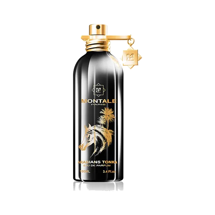Frasco cilíndrico de aluminio negro con un caballo y palmeras dibujados en dorado, tapa dorada y una placa colgante en forma de rombo, sobre fondo blanco.