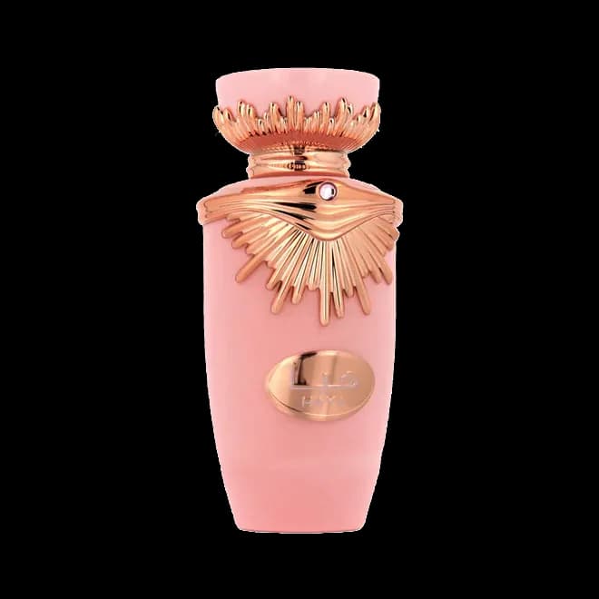 Frasco cilíndrico rosa pálido con un cuello de metal en oro rosa en forma de corona radiada y una placa ovalada en el cuerpo, sobre fondo blanco.
