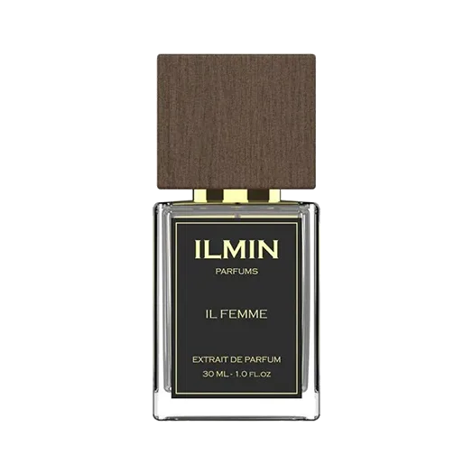 Frasco rectangular plano de vidrio negro con letras doradas y una tapa maciza de madera oscura, sobre fondo blanco.