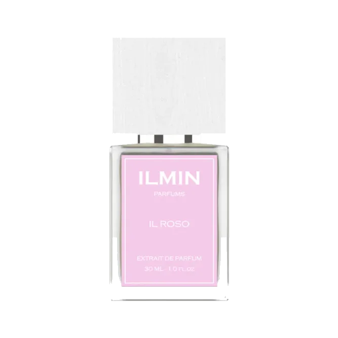 Frasco rectangular plano de vidrio rosa con letras blancas y tapa maciza de madera blanqueada, sobre fondo blanco.
