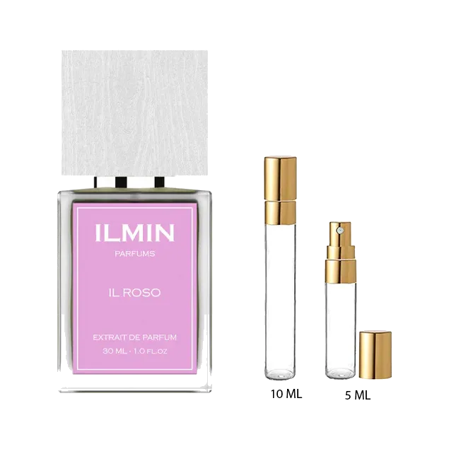 El frasco junto a dos atomizadores vacíos de vidrio con tapa dorada, rotulados 10 ML y 5 ML, sobre fondo blanco.