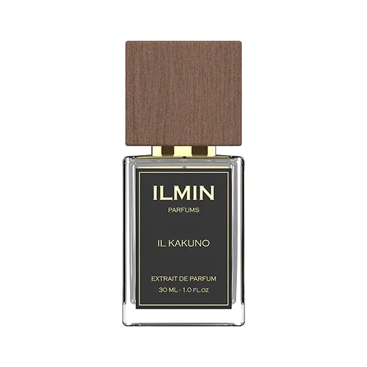 Frasco rectangular plano de vidrio negro con letras doradas y tapa maciza de madera clara, sobre fondo blanco.