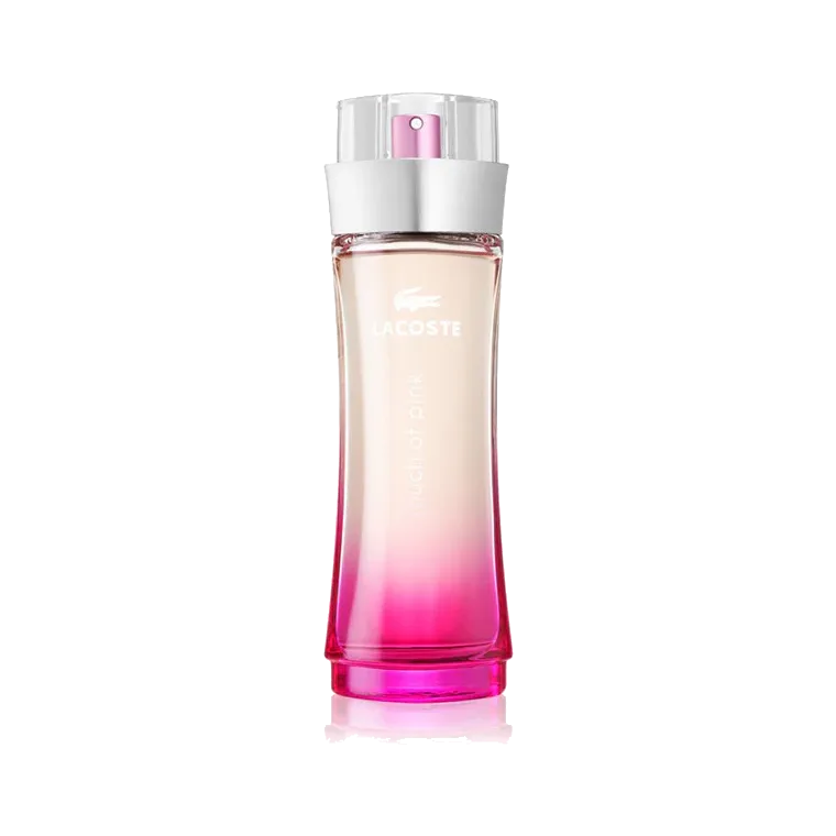 Frasco cónico invertido con degradado de crema a fucsia, cuello plateado ancho y tapa transparente, sobre fondo blanco.