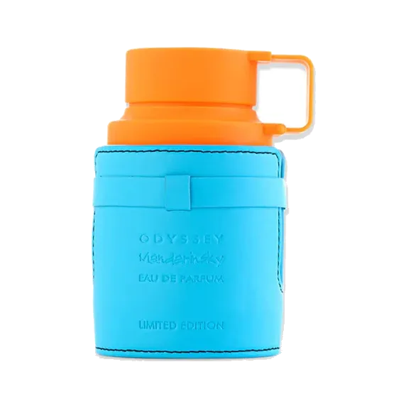 Frasco cilíndrico forrado en cuero azul turquesa con costuras a la vista, tapa naranja de silicona con asa rectangular, sobre fondo blanco.