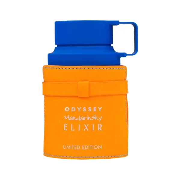 Frasco cilíndrico forrado en cuero naranja con costuras a la vista, tapa azul de silicona con asa rectangular, sobre fondo blanco.