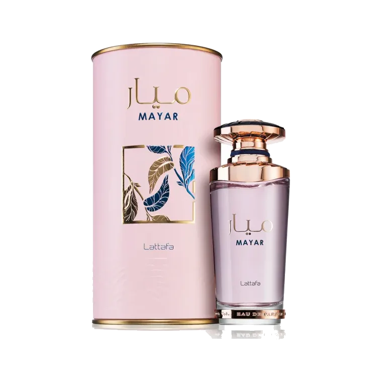 El frasco al lado de su estuche cilíndrico rosa con hojas doradas y azules estampadas, ambos sobre fondo blanco.