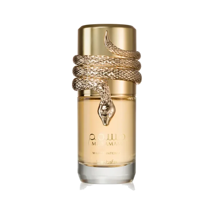 Frasco cilíndrico de vidrio con líquido dorado, tapa dorada y una serpiente metálica enroscada alrededor del cuello, sobre fondo blanco.