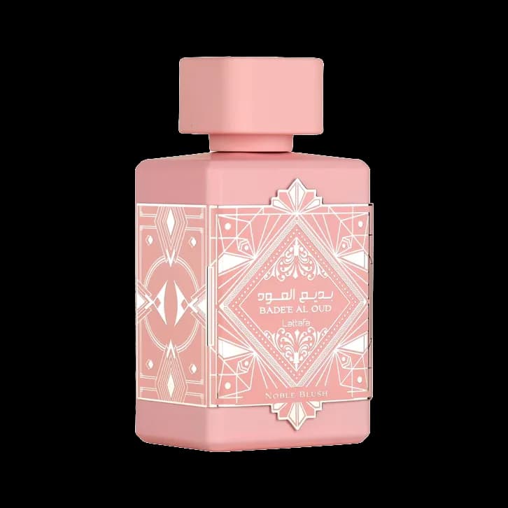 Frasco rectangular rosa palo con un rombo art déco grabado en blanco y tapón cuadrado a juego, sobre fondo blanco.