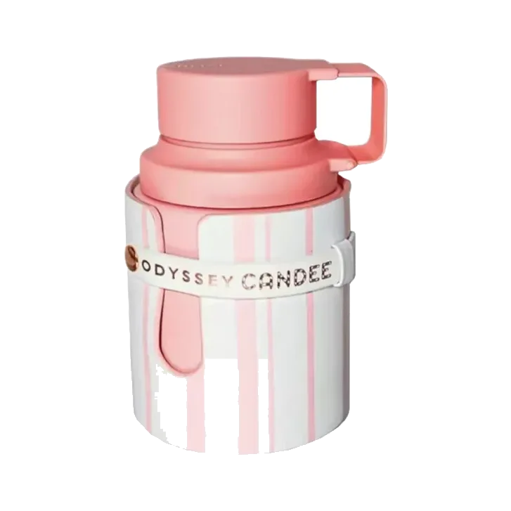 Frasco cilíndrico a rayas rosa y blanco con una correa que lo ciñe, tapa coral con asa rectangular, sobre fondo blanco.