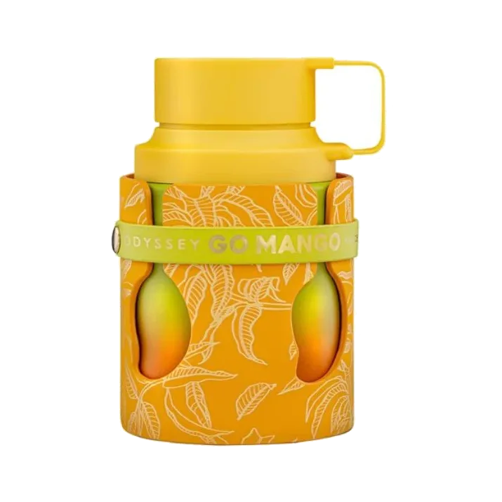 Frasco cilíndrico naranja con hojas estampadas en blanco, dos mangos troquelados a los lados, correa verde lima y tapa amarilla con asa, sobre fondo blanco.
