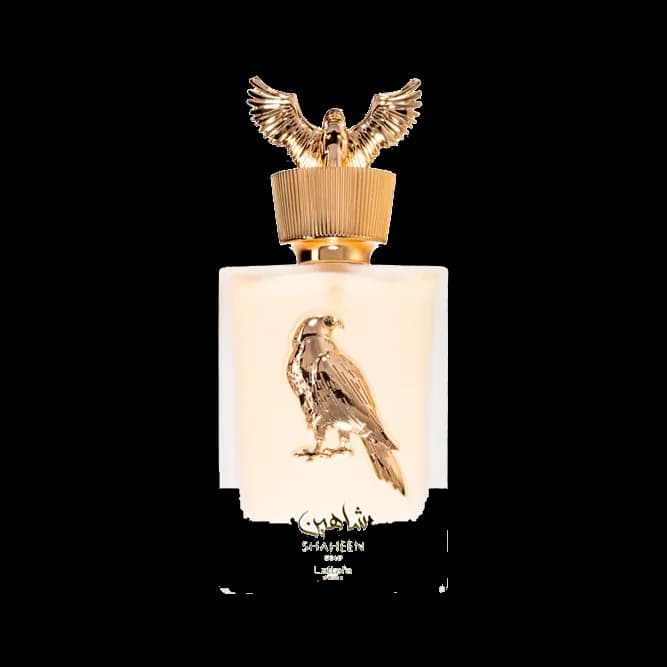 Frasco rectangular de vidrio esmerilado crema con un halcón dorado en relieve en el frente y un águila dorada con alas abiertas como tapón, sobre fondo blanco.