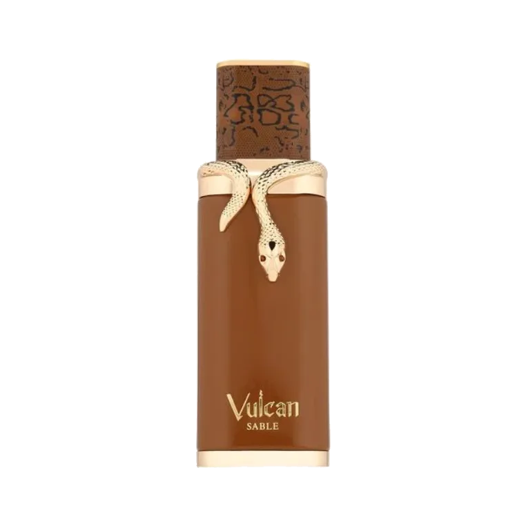 Frasco rectangular alto en marrón lacado con una serpiente dorada enroscada en el cuello y tapa con textura de piel de serpiente marrón, sobre fondo blanco.