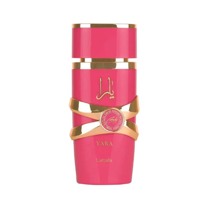 Frasco cilíndrico fucsia de tapa escalonada, con cintas doradas cruzadas sobre el cuerpo y un medallón circular al centro, sobre fondo blanco.