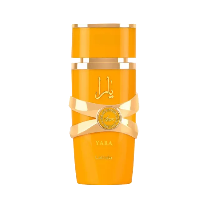 Frasco cilíndrico naranja de tapa escalonada, con cintas doradas cruzadas sobre el cuerpo y un medallón circular al centro, sobre fondo blanco.
