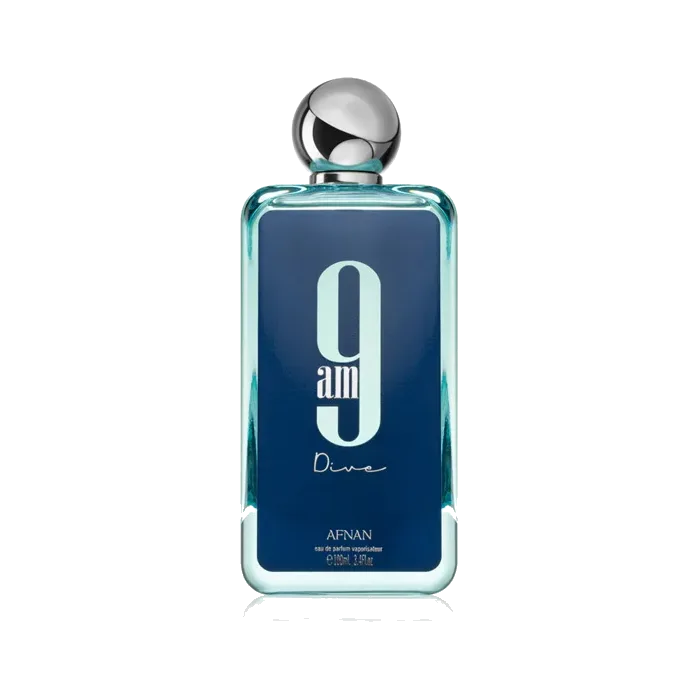 Frasco rectangular de vidrio grueso con degradado de azul petróleo a turquesa, cifra grande en blanco y tapón esférico plateado, sobre fondo blanco.