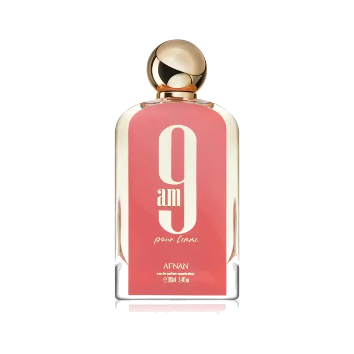 Frasco rectangular de vidrio con degradado coral, cifra grande en dorado y tapón esférico dorado, sobre fondo blanco.