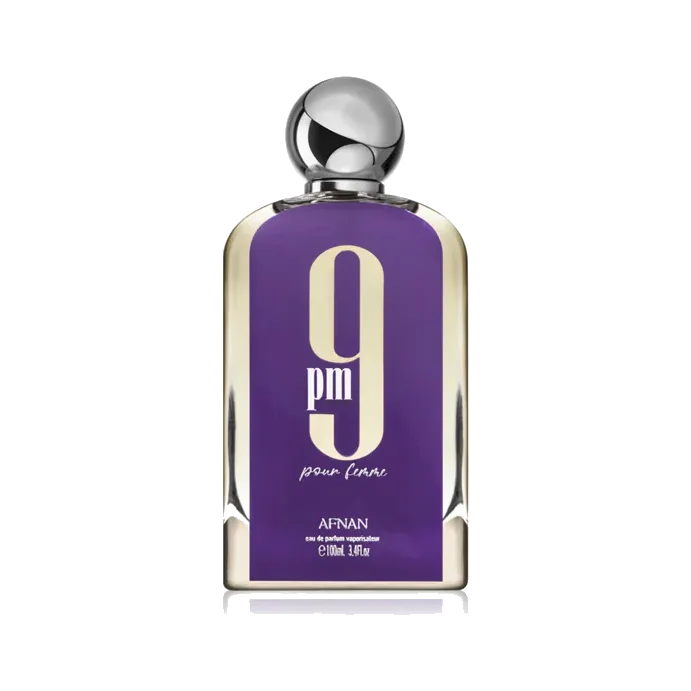 Frasco rectangular violeta con cantos dorados espejados, cifra en dorado y tapón esférico plateado, sobre fondo blanco.