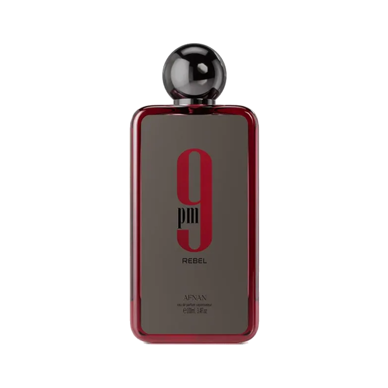 Frasco rectangular gris grafito con cantos rojo espejado, cifra en rojo y tapón esférico de metal oscuro, sobre fondo blanco.