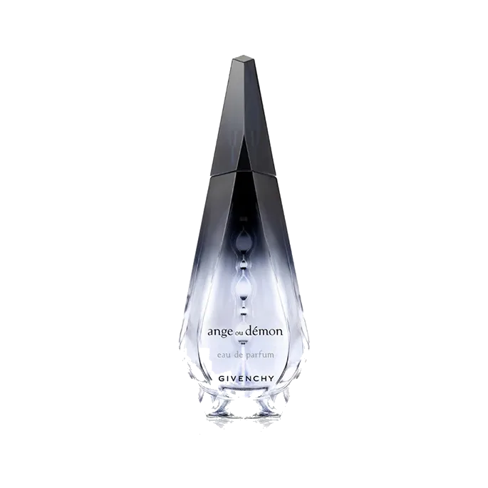Frasco facetado en forma de gota alargada, con degradado de negro opaco en la punta a cristal transparente en la base, sobre fondo blanco.