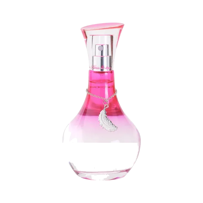 Frasco de cuerpo bulboso y cuello estrecho con degradado de fucsia a transparente, con un dije de pluma plateada colgando de una cadena, sobre fondo blanco.