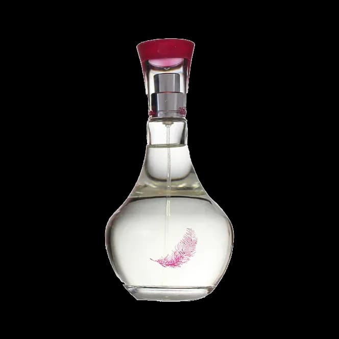 Frasco de cuerpo bulboso en vidrio transparente con una pluma rosa impresa, cuello estrecho y tapa granate, sobre fondo blanco.