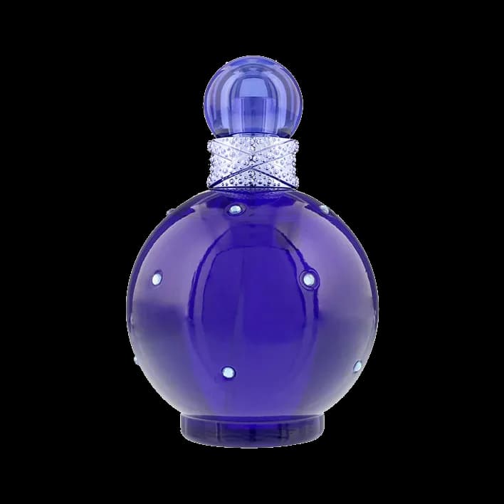 Frasco esférico de vidrio azul violeta con cristales incrustados, collar plateado con pedrería y tapón redondo a juego, sobre fondo blanco.