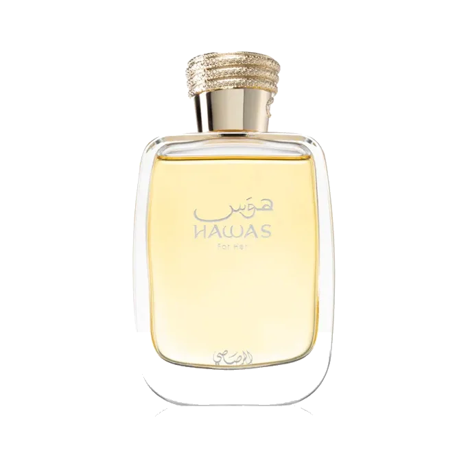 Frasco rectangular de esquinas redondeadas en vidrio transparente con líquido dorado y tapón dorado trenzado, sobre fondo blanco.