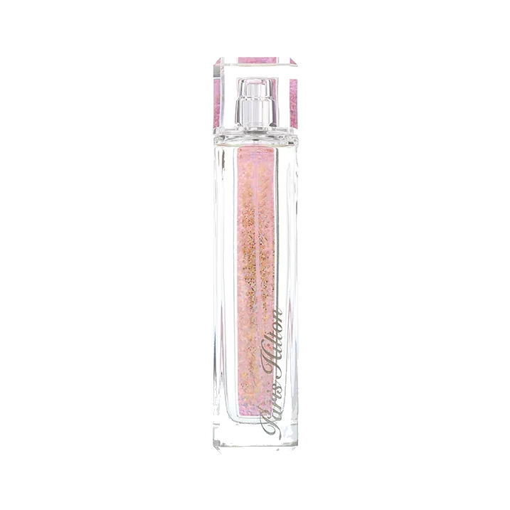 Frasco rectangular alto de vidrio transparente con una columna interior de purpurina rosa y hombros rosados, sobre fondo blanco.
