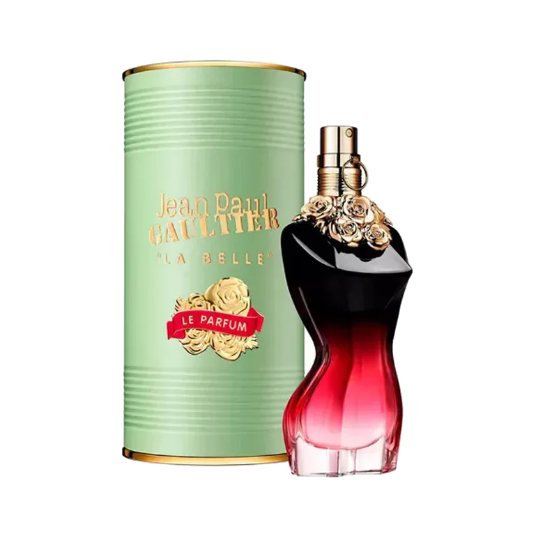 El frasco junto a su estuche cilíndrico verde menta con rosas doradas y una banda roja, ambos sobre fondo blanco.