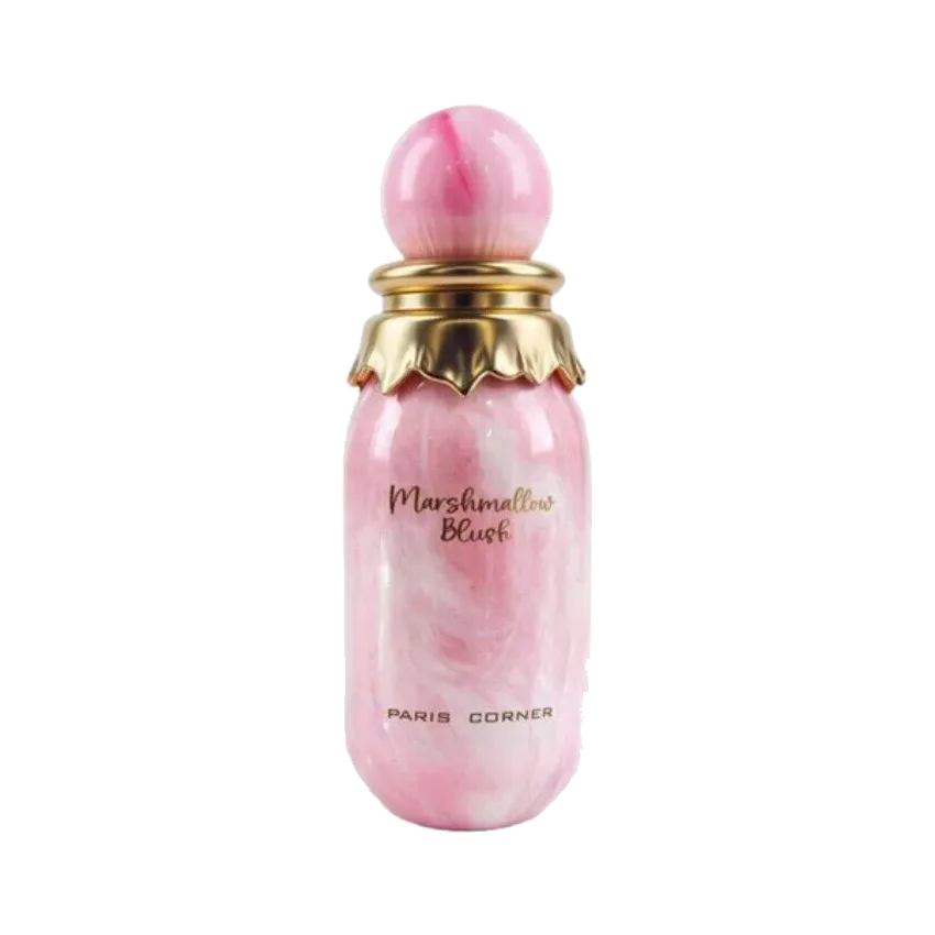 Frasco cilíndrico de vidrio rosa jaspeado con un collar dorado en forma de corona y tapón esférico rosa, sobre fondo blanco.