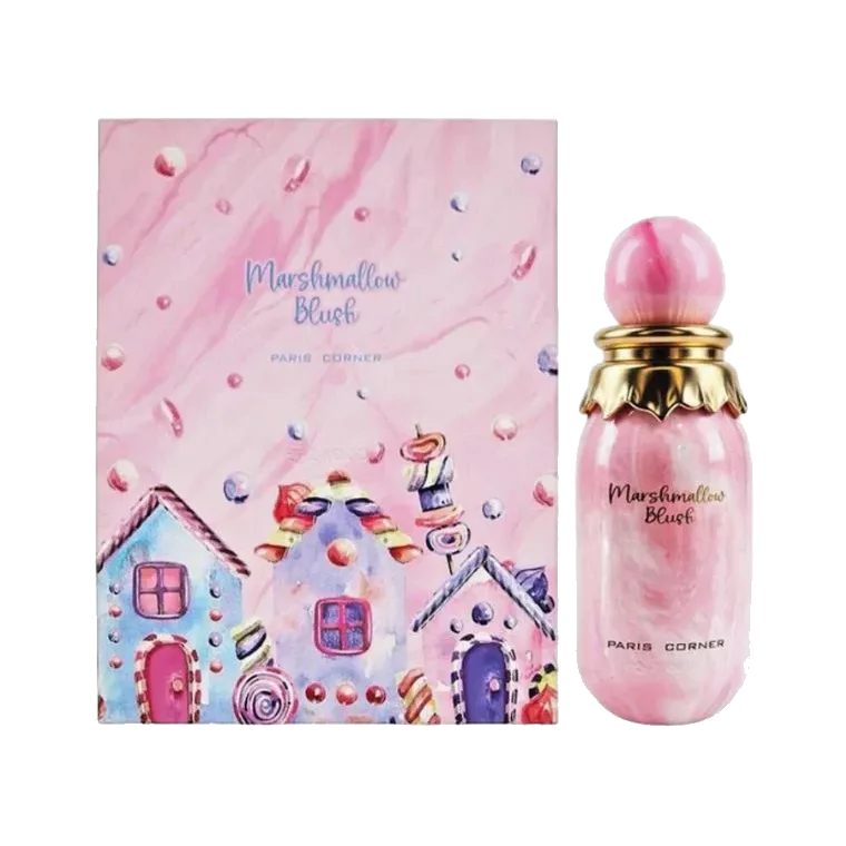 El frasco junto a su estuche rosa ilustrado con casitas de jengibre y dulces, ambos sobre fondo blanco.