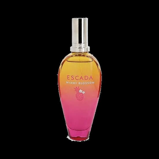 Frasco ovalado con degradado de amarillo a fucsia, cuello plateado alargado y una piña estampada, sobre fondo blanco.