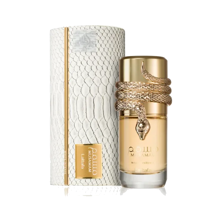 El frasco junto a su estuche cilíndrico blanco con textura de piel de serpiente y filete dorado, ambos sobre fondo blanco.