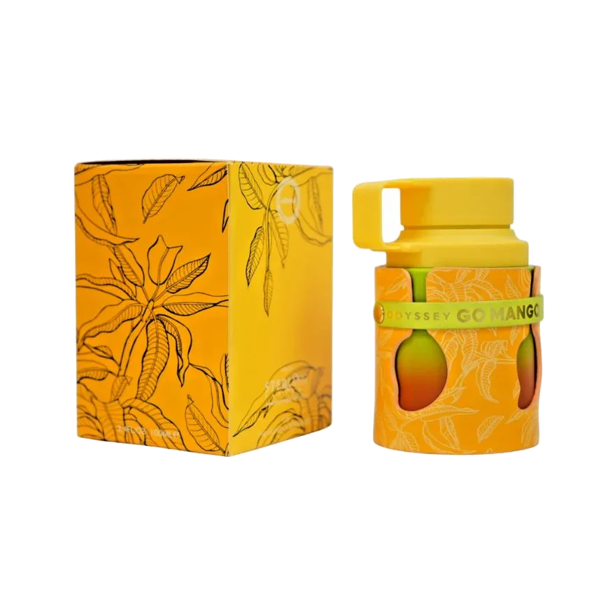 El frasco junto a su estuche amarillo con follaje dibujado a línea, ambos sobre fondo blanco.