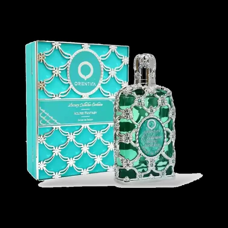 El frasco al lado de su estuche turquesa con enrejado plateado, ambos sobre fondo blanco.