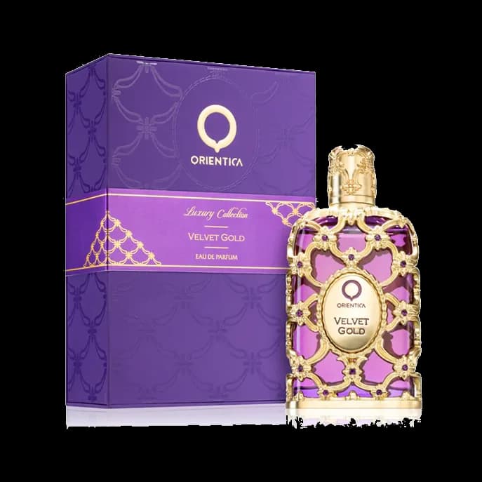 El frasco al lado de su estuche violeta con enrejado dorado, ambos sobre fondo blanco.