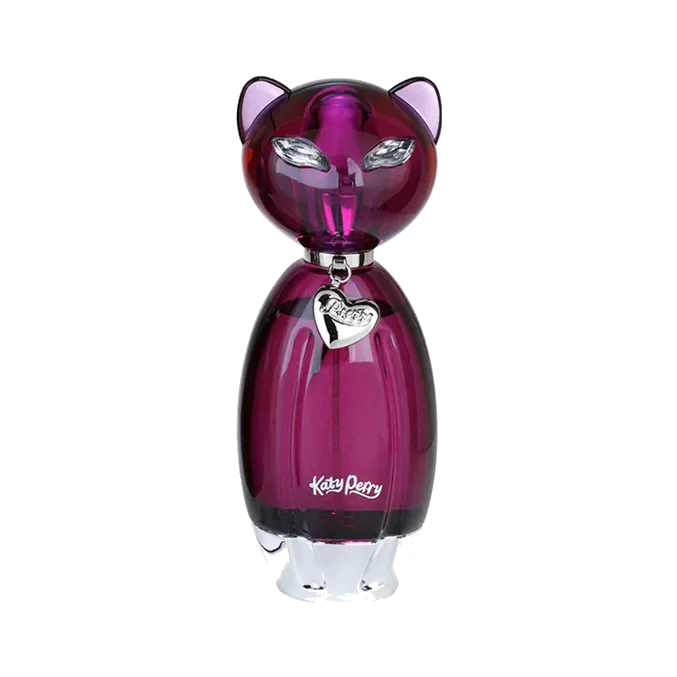 Frasco con forma de gato estilizado en vidrio morado, con orejas, ojos plateados y un dije de corazón colgando del cuello, sobre fondo blanco.
