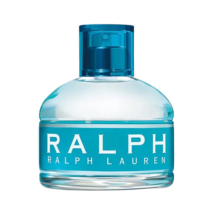 Frasco de hombros redondeados en vidrio transparente con una banda turquesa impresa y tapa cilíndrica azul, sobre fondo blanco.