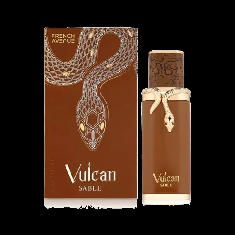 El frasco junto a su estuche marrón con una serpiente estampada en dorado, ambos sobre fondo blanco.