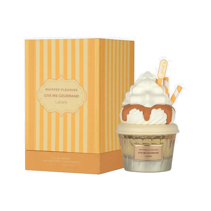 El frasco al lado de su estuche a rayas naranja y crema, ambos sobre fondo blanco.