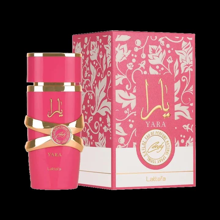 El frasco junto a su estuche fucsia con follaje blanco estampado, ambos sobre fondo blanco.